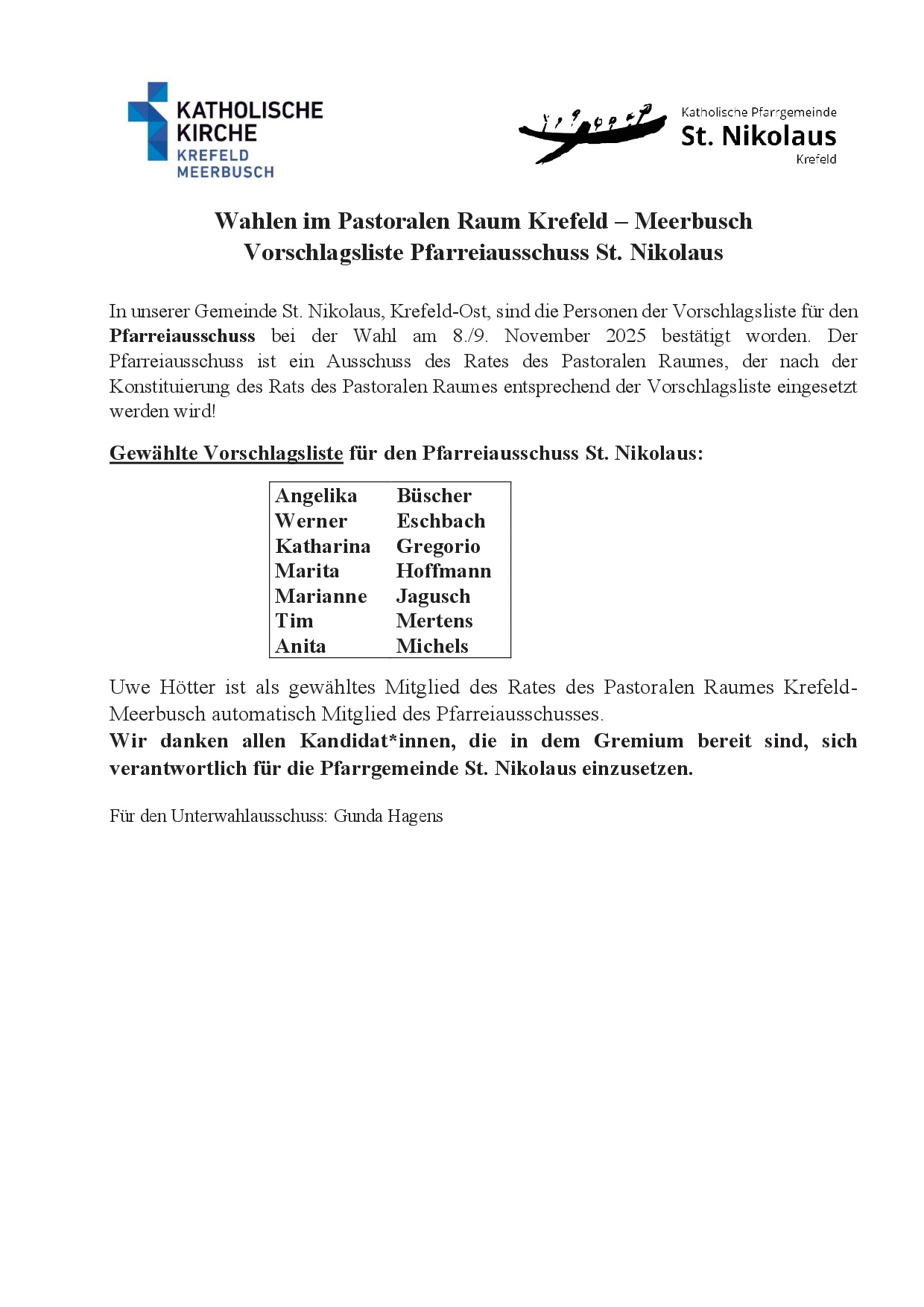 Aushang Wahlergebnis Pfarreiausschuss St. Nikolaus