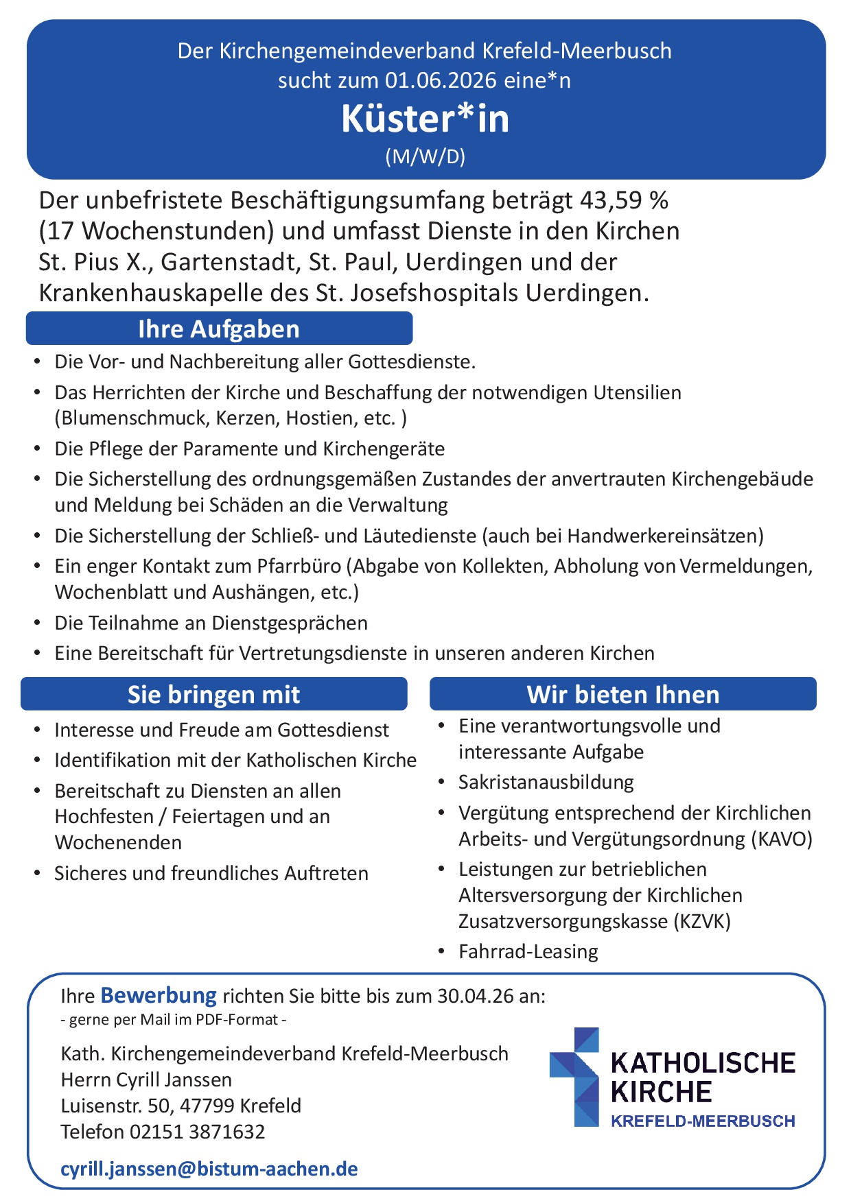 Stellenausschreibung Küster_in Uerdingen Gartenstadt